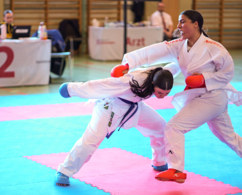 Wettkampfszene von Karate Hofsteig bei der Landesmeisterschaft 2026 in Lauterach mit hoher Intensität und starken Leistungen im Kata und Kumite
