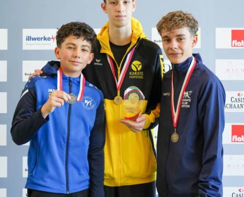 Sportlerinnen und Sportler von Karate Hofsteig bei der Landesmeisterschaft 2026 in Lauterach bei Siegerehrung, Teamfoto und Wettkampf mit Medaillen und Pokalen