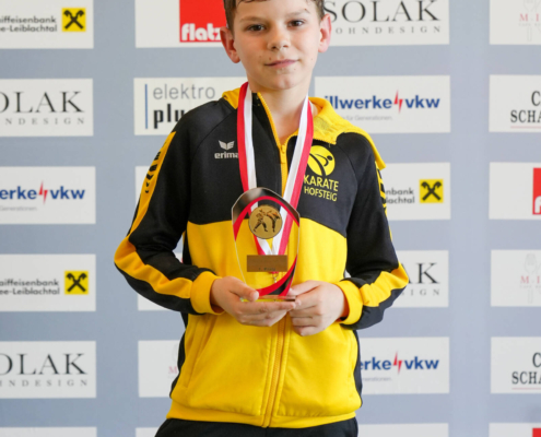 Sportlerinnen und Sportler von Karate Hofsteig bei der Landesmeisterschaft 2026 in Lauterach bei Siegerehrung, Teamfoto und Wettkampf mit Medaillen und Pokalen
