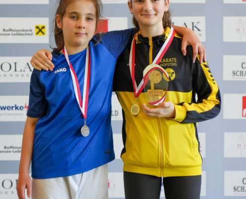 Sportlerinnen und Sportler von Karate Hofsteig bei der Landesmeisterschaft 2026 in Lauterach bei Siegerehrung, Teamfoto und Wettkampf mit Medaillen und Pokalen