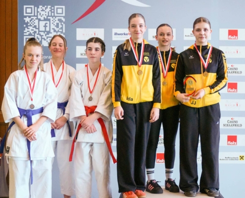 Sportlerinnen und Sportler von Karate Hofsteig bei der Landesmeisterschaft 2026 in Lauterach bei Siegerehrung, Teamfoto und Wettkampf mit Medaillen und Pokalen
