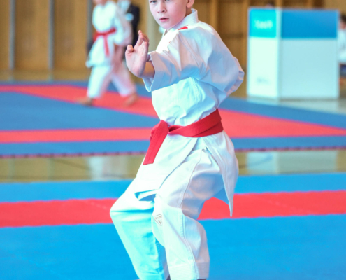 Karate Hofsteig im Wettkampf bei der Landesmeisterschaft 2026 in Lauterach mit Fokus auf Distanz, Timing und präzise Technikausführung