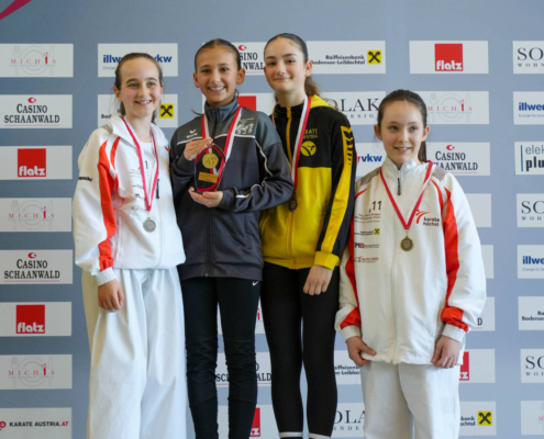 Sportlerinnen und Sportler von Karate Hofsteig bei der Landesmeisterschaft 2026 in Lauterach bei Siegerehrung, Teamfoto und Wettkampf mit Medaillen und Pokalen