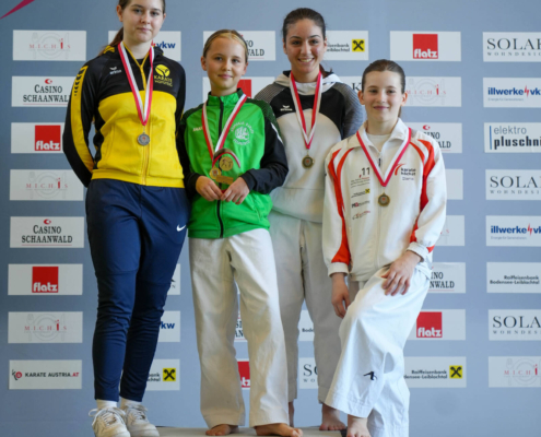Sportlerinnen und Sportler von Karate Hofsteig bei der Landesmeisterschaft 2026 in Lauterach bei Siegerehrung, Teamfoto und Wettkampf mit Medaillen und Pokalen
