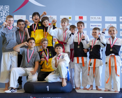 Sportlerinnen und Sportler von Karate Hofsteig bei der Landesmeisterschaft 2026 in Lauterach bei Siegerehrung, Teamfoto und Wettkampf mit Medaillen und Pokalen