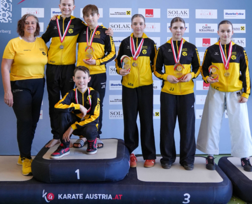 Sportlerinnen und Sportler von Karate Hofsteig bei der Landesmeisterschaft 2026 in Lauterach bei Siegerehrung, Teamfoto und Wettkampf mit Medaillen und Pokalen