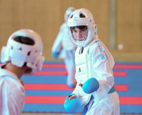 Wettkampfszene von Karate Hofsteig bei der Landesmeisterschaft 2026 in Lauterach mit hoher Intensität und starken Leistungen im Kata und Kumite
